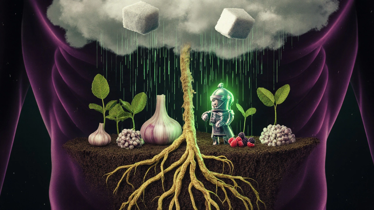 Abstract garden growing inside a human torso, with plants and bacteria nourished by rain from dissolving sugar.