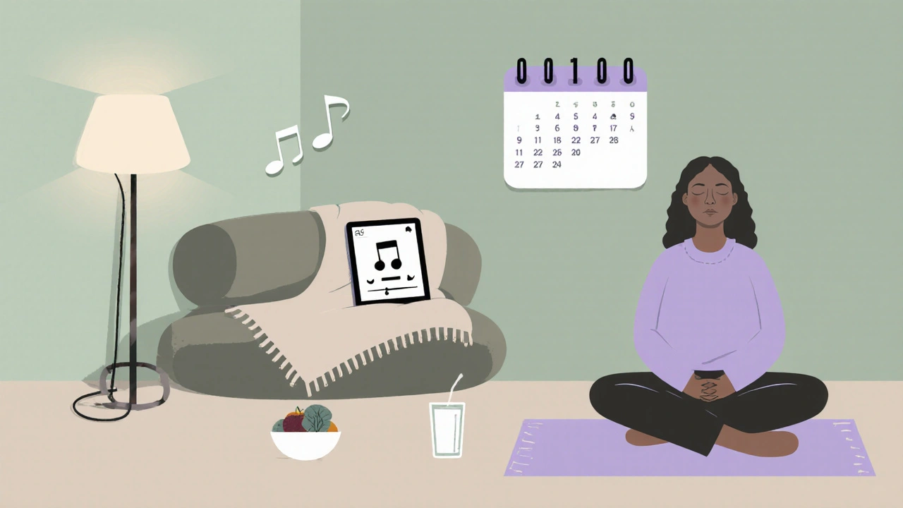 Calm corner with soft lighting, playlist notes, and a person meditating.