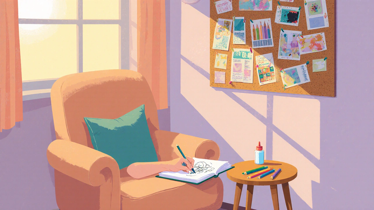 Cozy home nook with sketchbook, pencils, and a collage for personal art therapy.