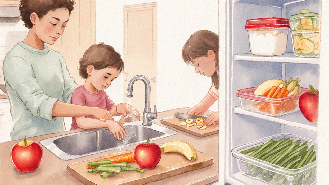 Family in a kitchen washing and preparing snacks, filling reusable containers for a fridge snack station.