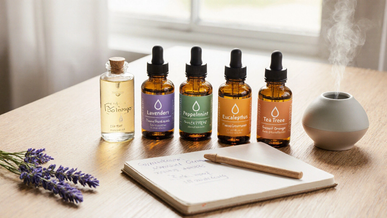 Flat‑lay of five essential‑oil bottles, carrier oil, diffuser and notes on a wooden surface.