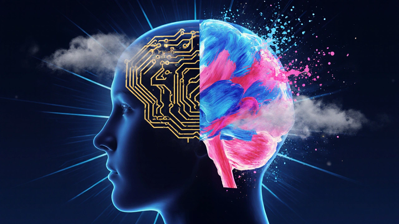 Illustration of a brain split into creative and analytical halves with glowing colors.
