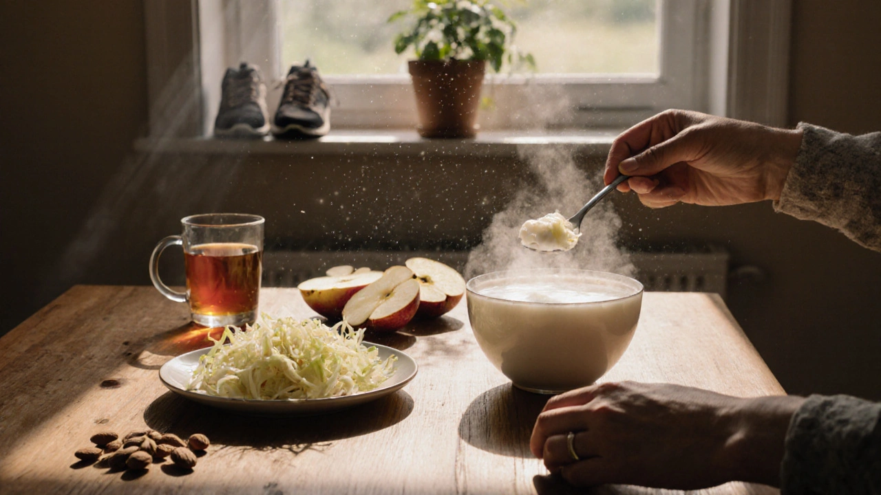 Morning kitchen scene with fermented foods, fruit, and tea on a wooden table in soft sunlight.