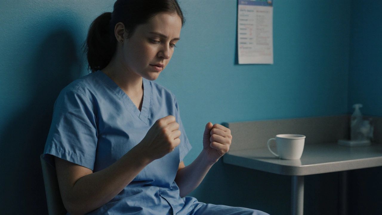 Nurse performing progressive muscle relaxation during a break, hands releasing tension.