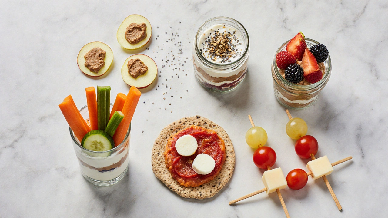 Overhead flat lay of apple‑nut butter bites, yogurt parfait, veggie‑hummus cups, mini pizza, and cheese‑fruit skewers.