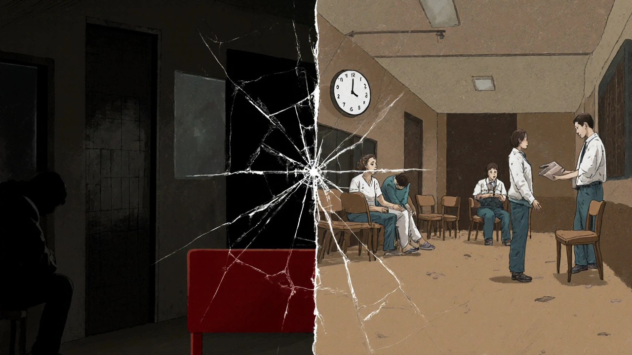Split illustration showing stigma in a shadowed office and an under‑resourced rural clinic, highlighting access gaps.