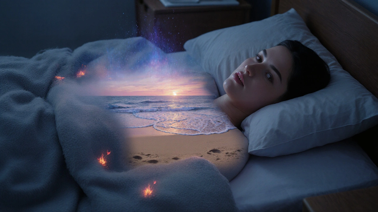 Student visualizing a calming beach, lying on floor with peaceful expression at night.