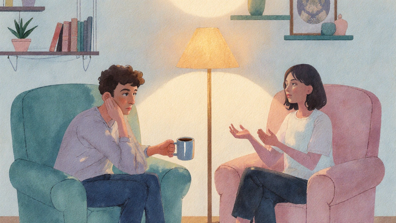 Two friends have a gentle conversation in a warmly lit living room.
