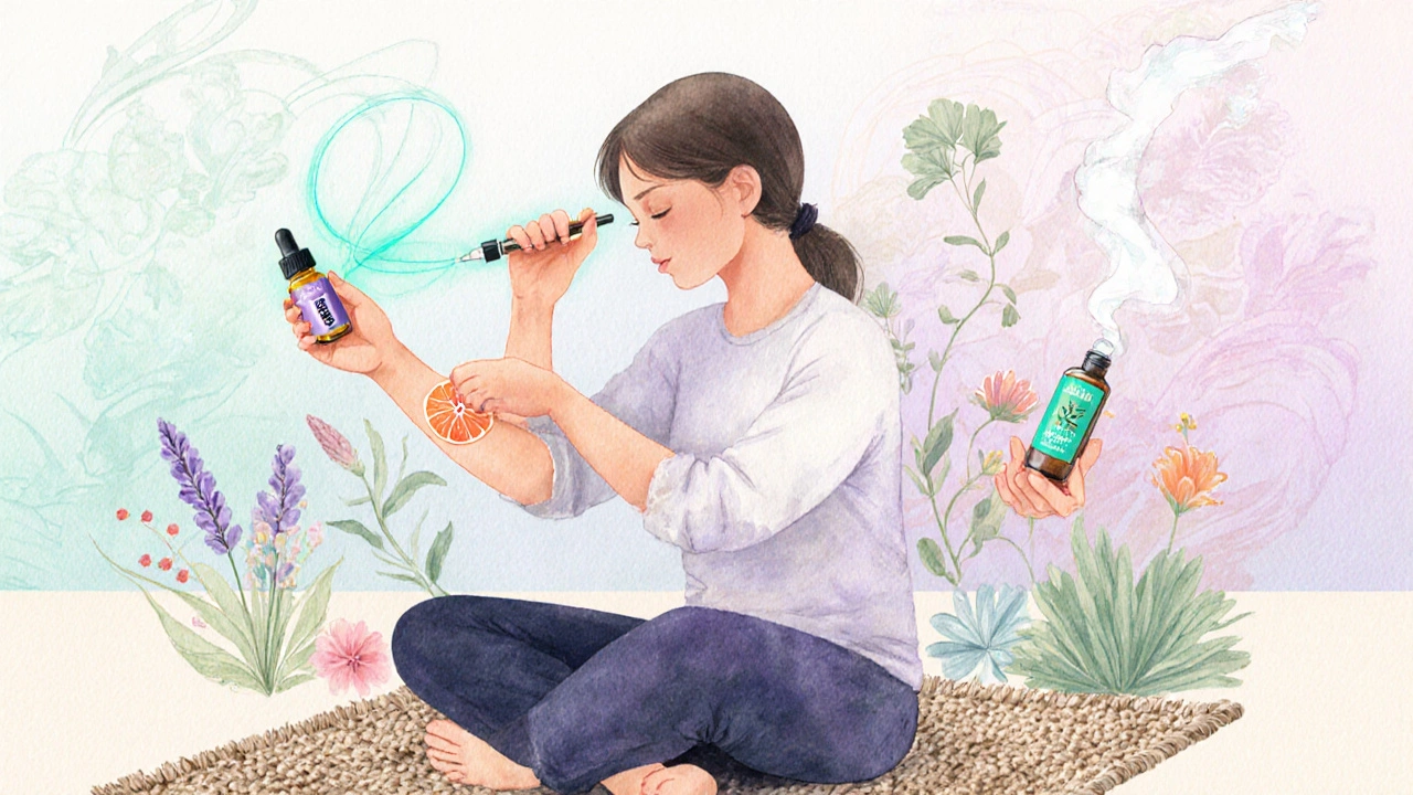 Watercolor of a person applying a lavender‑orange blend to pulse points and inhaling peppermint.