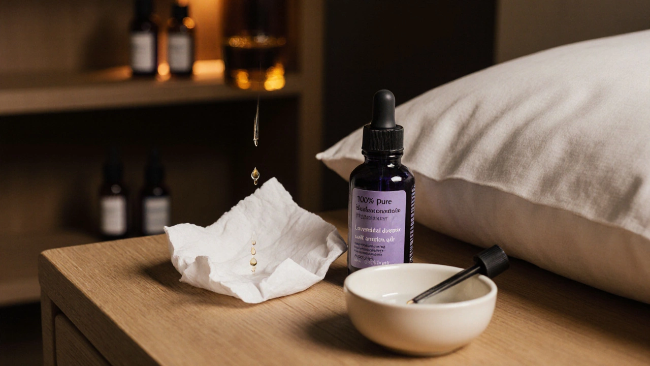 A nightstand with a pure lavender essential oil bottle, dropper, and scented tissue on a pillow.