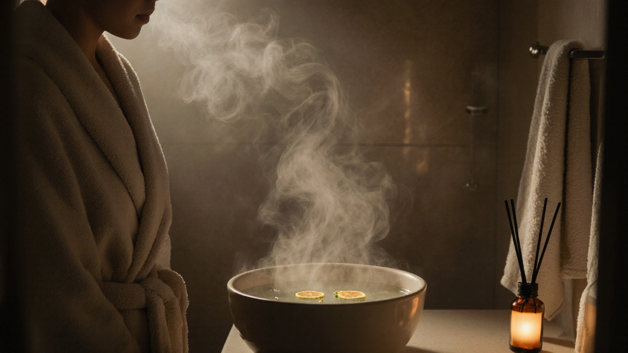 A person inhaling bergamot steam from a warm bowl in a softly lit bathroom at night.