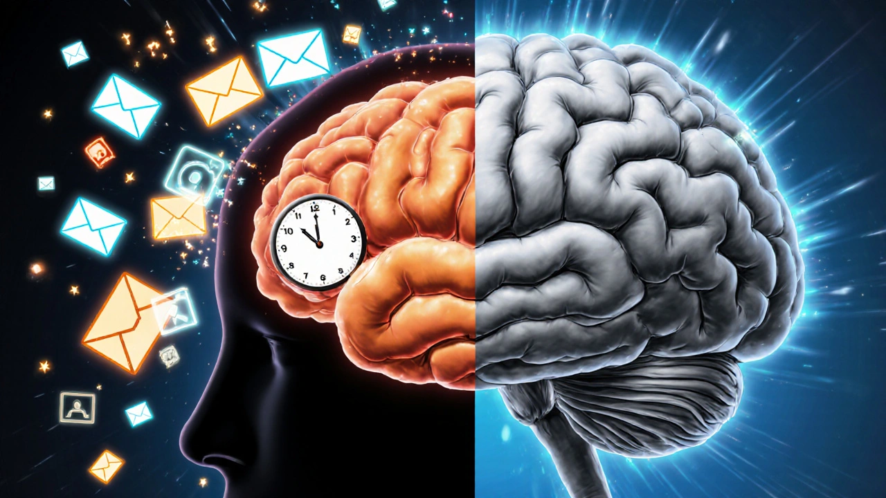 A split-brain illustration showing chaotic work stress on one side and calm focus on the other.