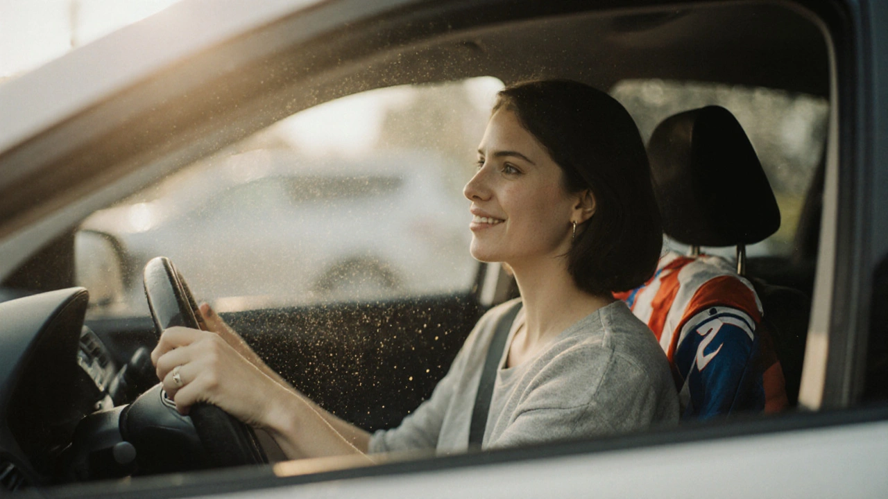 A woman meditating quietly in her car during lunch, sunlight streaming in, child&#039;s jersey on seat.