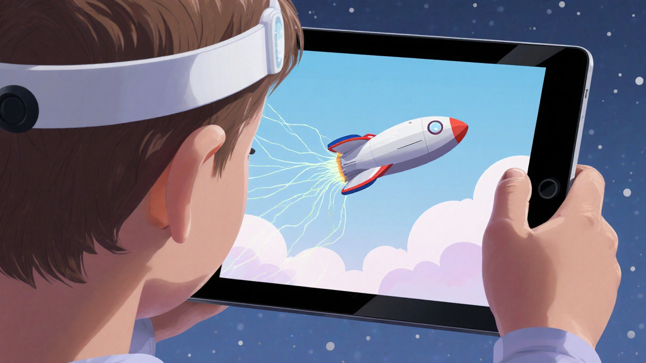 Child smiling as a spaceship animation rises on a tablet, guided by brainwave activity from an EEG headband.