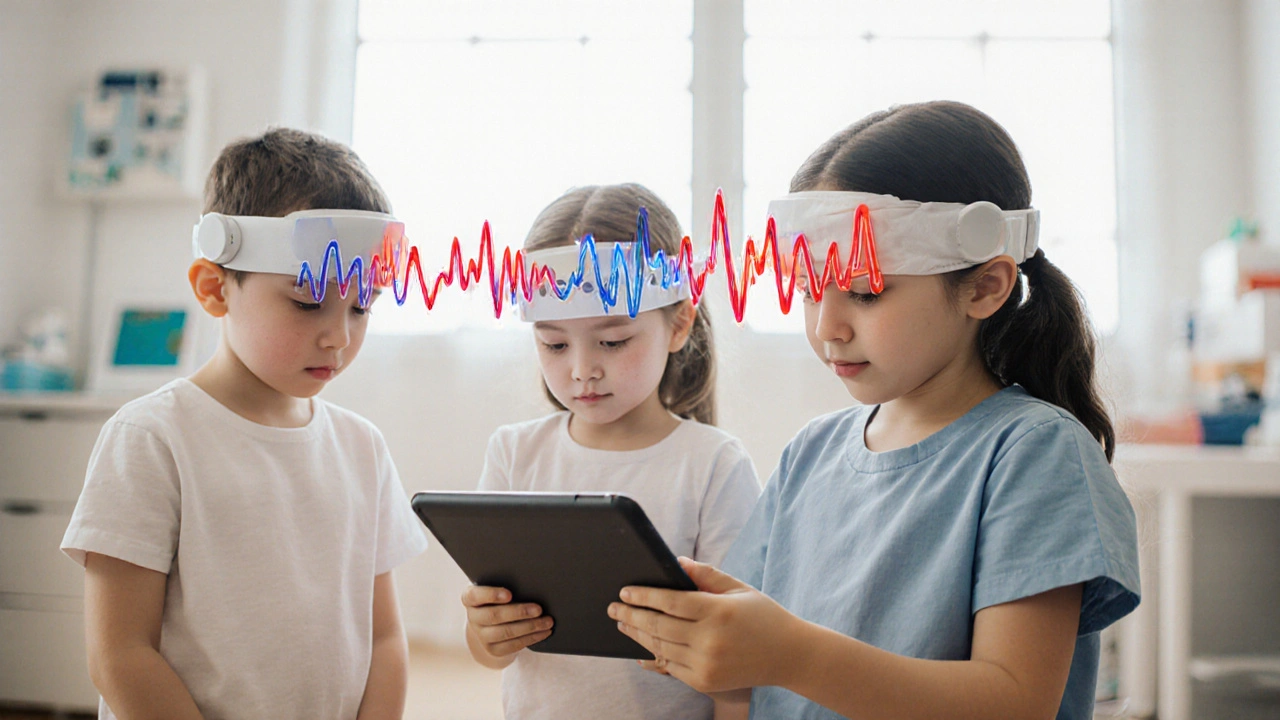 Children in a clinic use EEG headbands to control brainwave-based game visuals through focus.