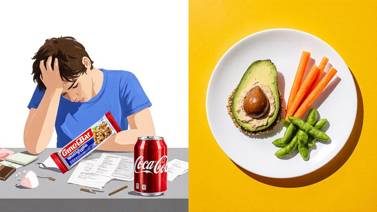 Contrasting scene: tired person with sugary snack on left, vibrant healthy snack on right.