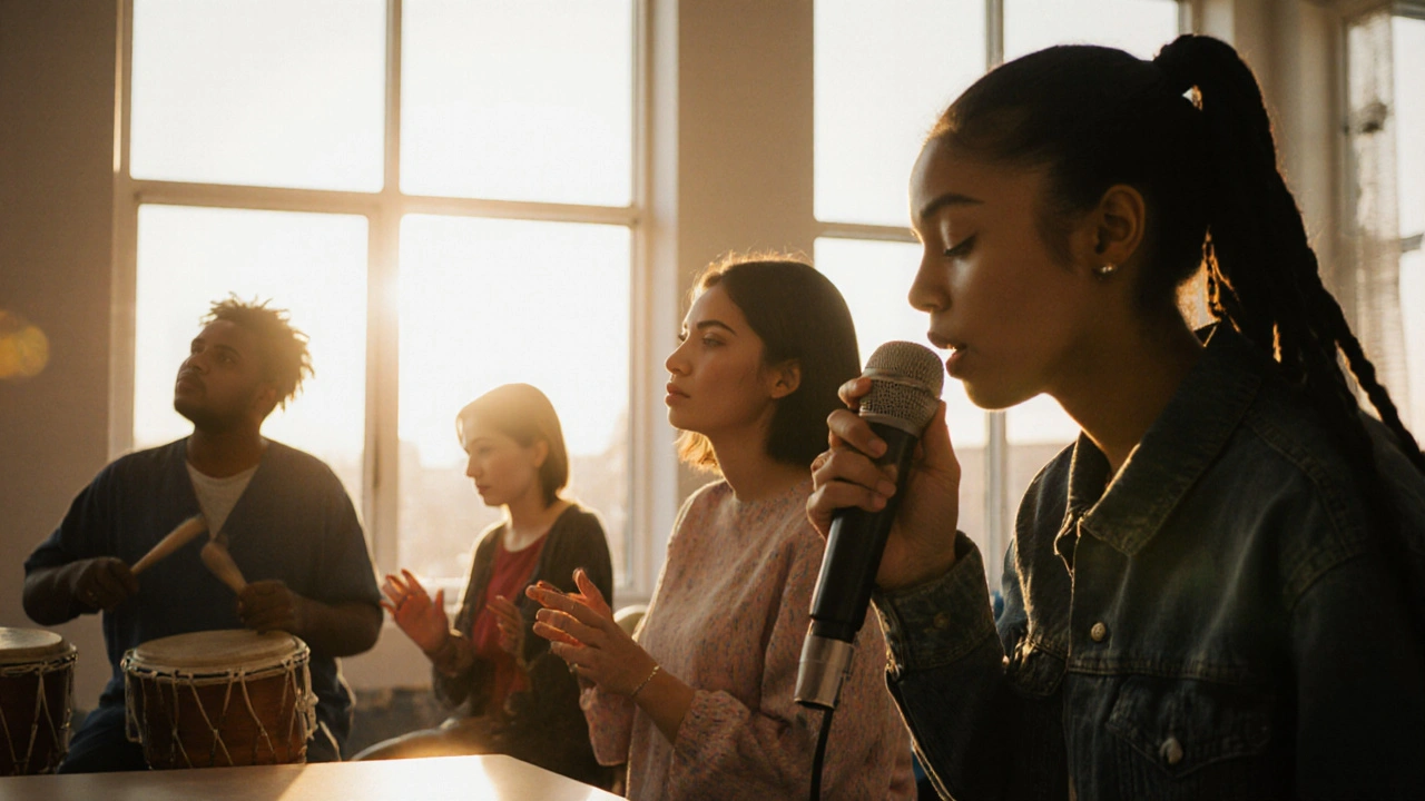 Diverse group participating in music therapy, drumming and singing in a sunlit room.