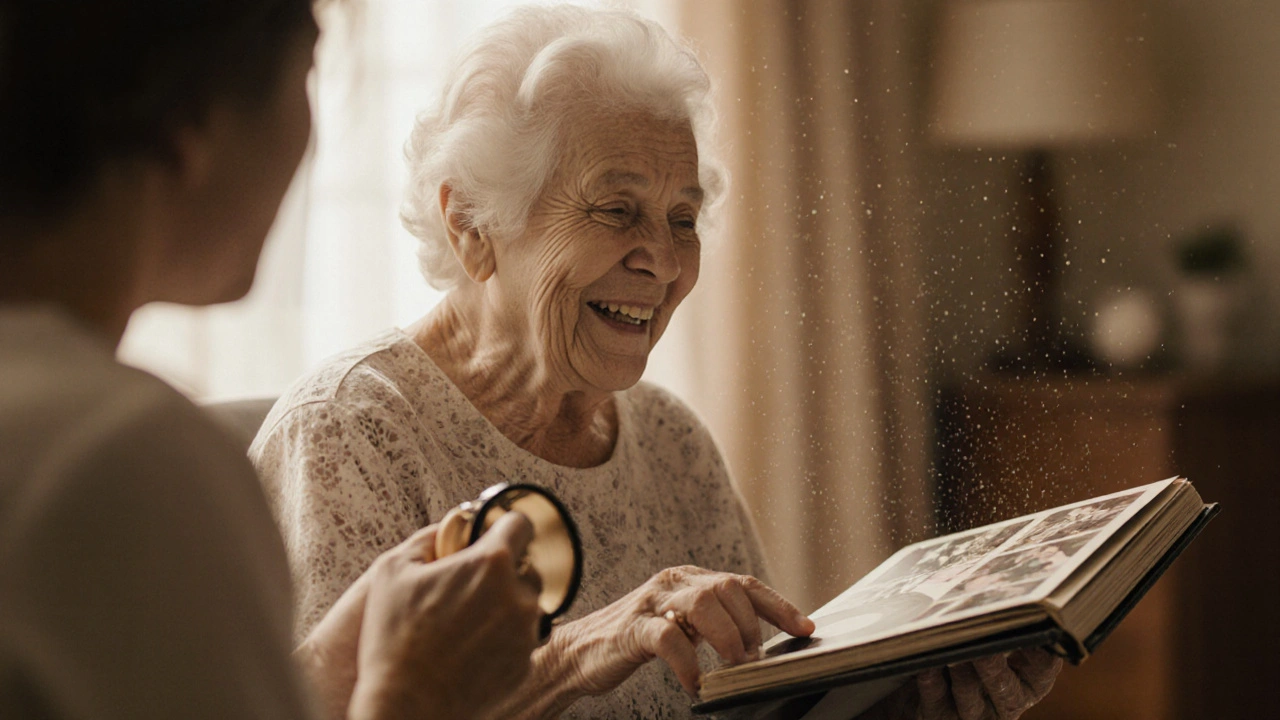 Elderly woman humming to music while looking at old photos, therapist nearby.