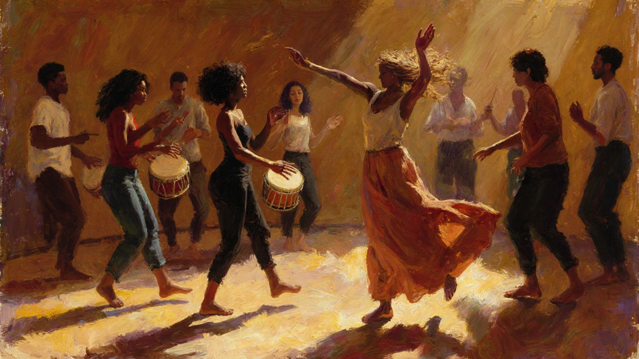 Group of people moving freely in a circle to drumbeats, barefoot and lost in rhythmic expression.