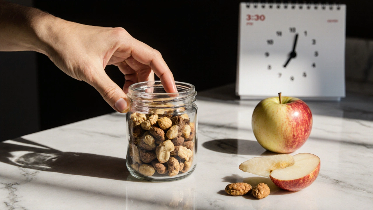 Hand reaching for pre-portioned nuts beside boiled egg and apple slices on countertop at 3:30 PM.