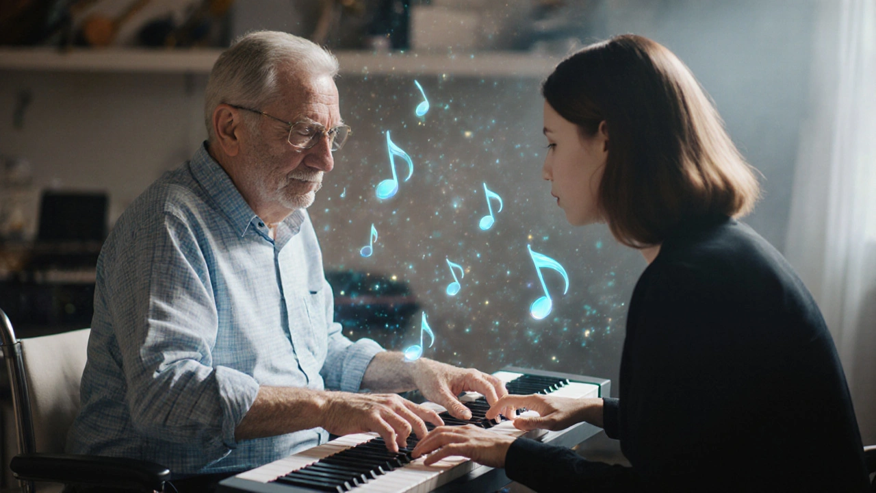 Man with stroke gently playing three keys on a keyboard alongside a music therapist, glowing notes in the air.