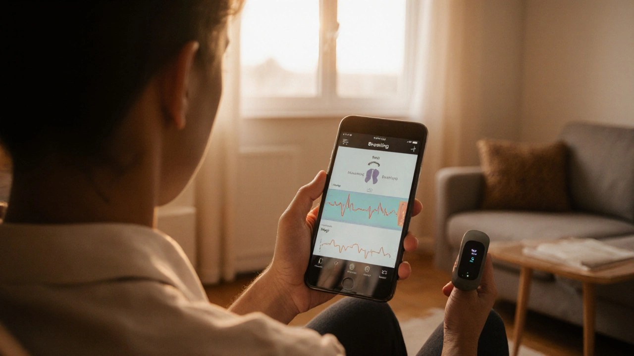 Someone uses a smartphone app to track heart rate and breathing at home during a quiet evening.