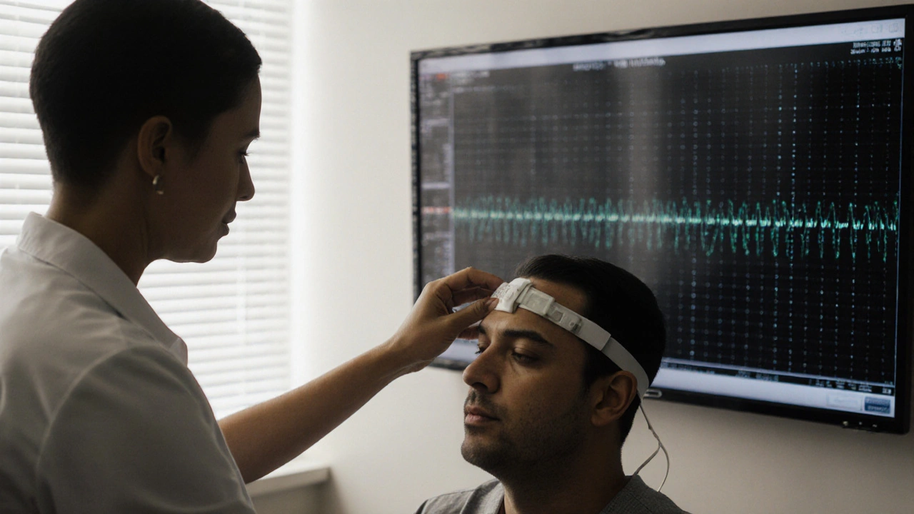 Therapist and patient in a quiet room, with a monitor displaying decreasing muscle tension during biofeedback therapy.