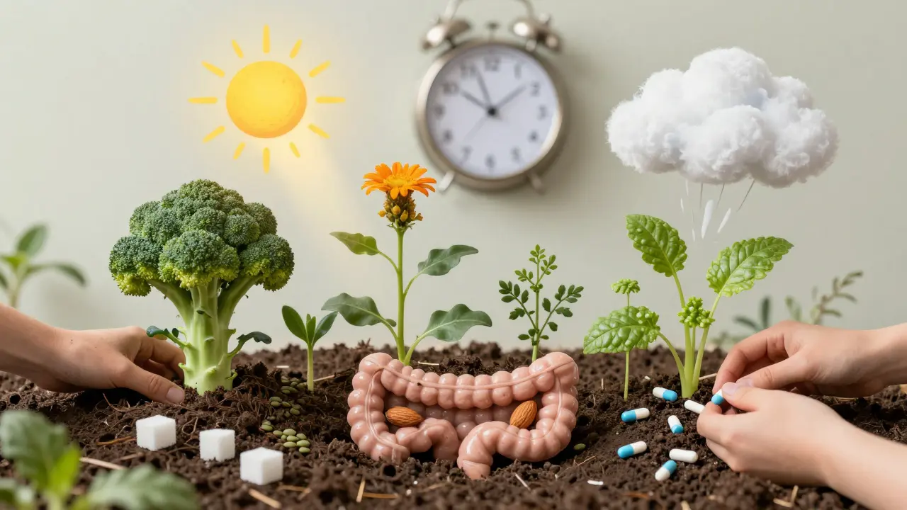 A garden growing inside the intestines, with healthy plants thriving as harmful weeds are removed.