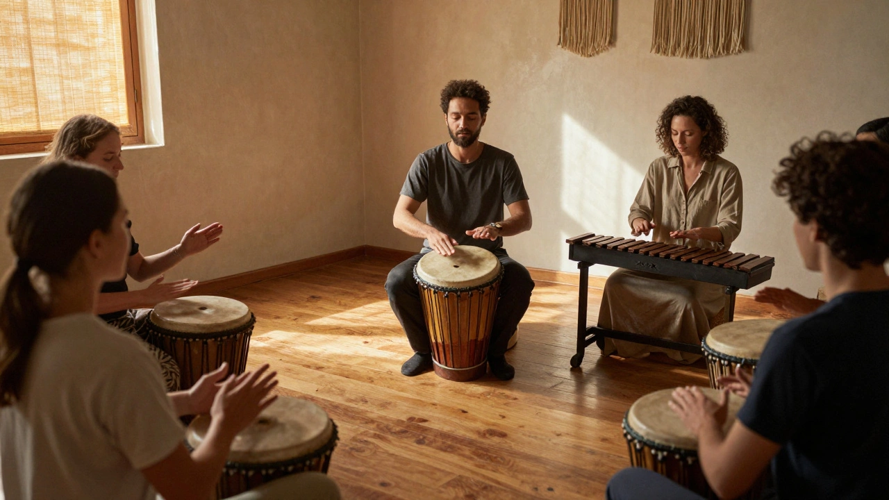 A group engaging in music and movement therapy, drumming and swaying in a sunlit circle.