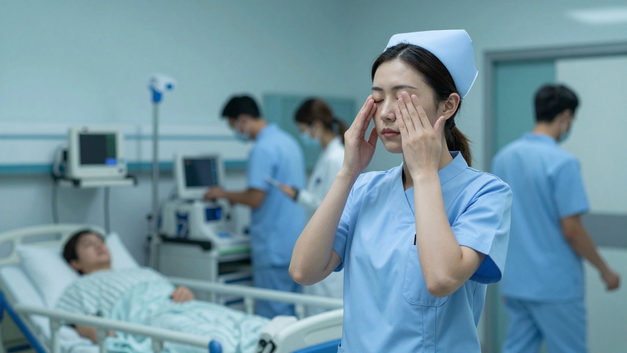 A nurse taking slow breaths outside an ER room, calm amid chaotic hospital activity.