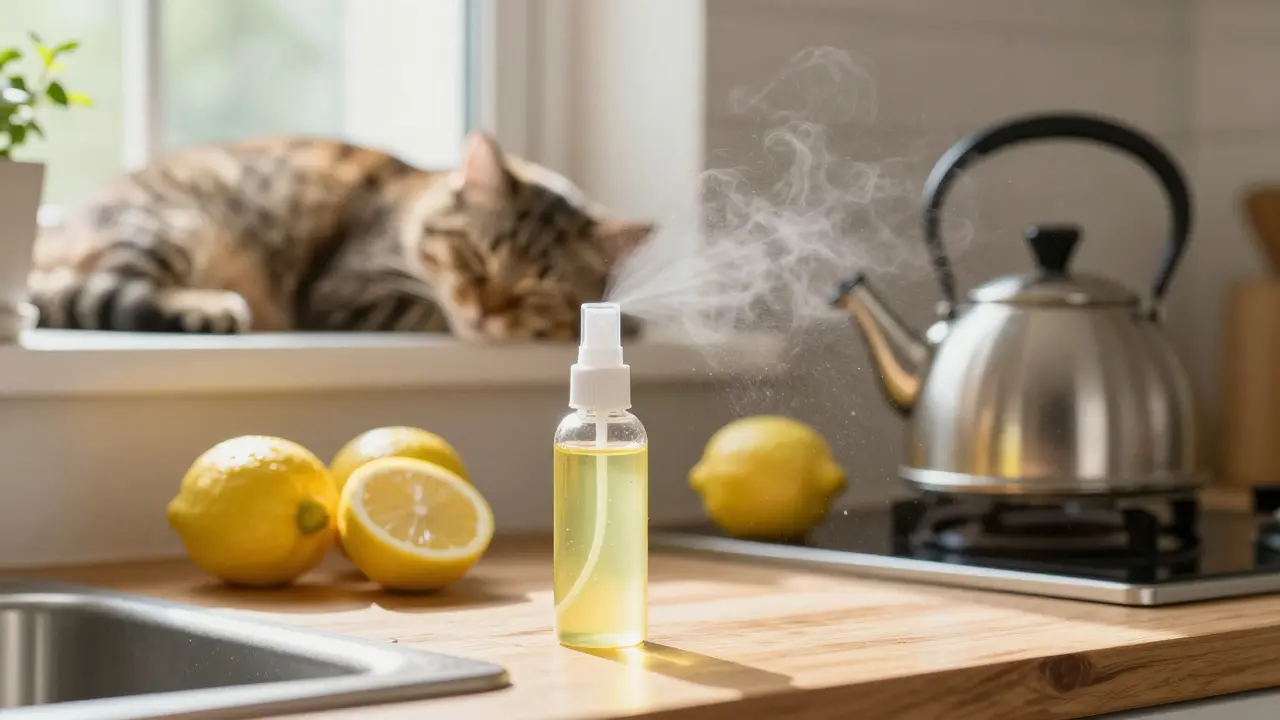 A spray bottle misting lemon and tea tree oil on a kitchen counter with sunlight catching droplets.