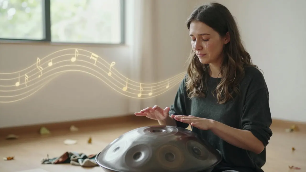 A woman playing a handpan instrument with golden sound waves in a sunlit room, eyes closed.