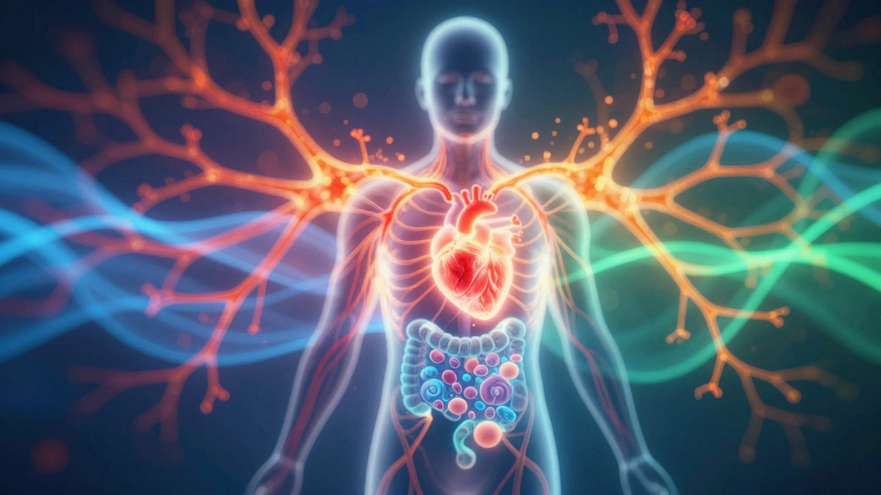 An abstract neural network shifting from fiery stress to calming blue-green waves inside a human silhouette.