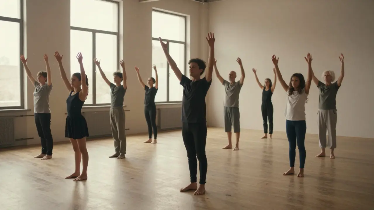 Diverse individuals moving gently in a studio, arms raised, bathed in warm sunlight.