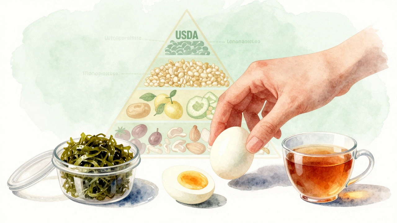Hand holding a hard-boiled egg beside seaweed snacks, with a subtle food pyramid background in watercolor.