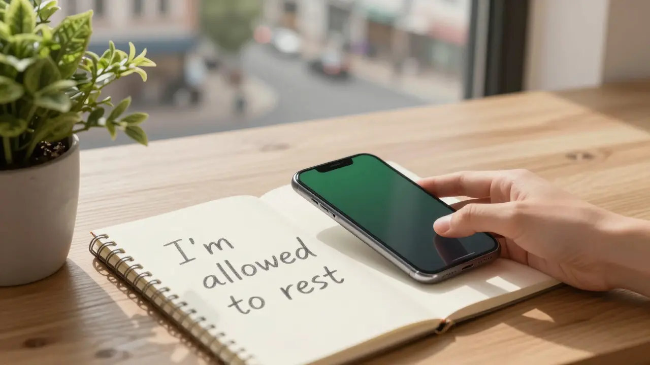 Hand placing phone face-down beside notebook with 'I'm allowed to rest' written on it.