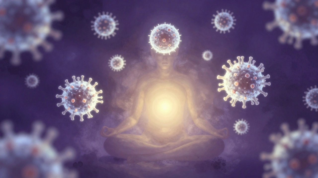 Immune cells defending against viruses, illuminated by inner light from a meditating figure.