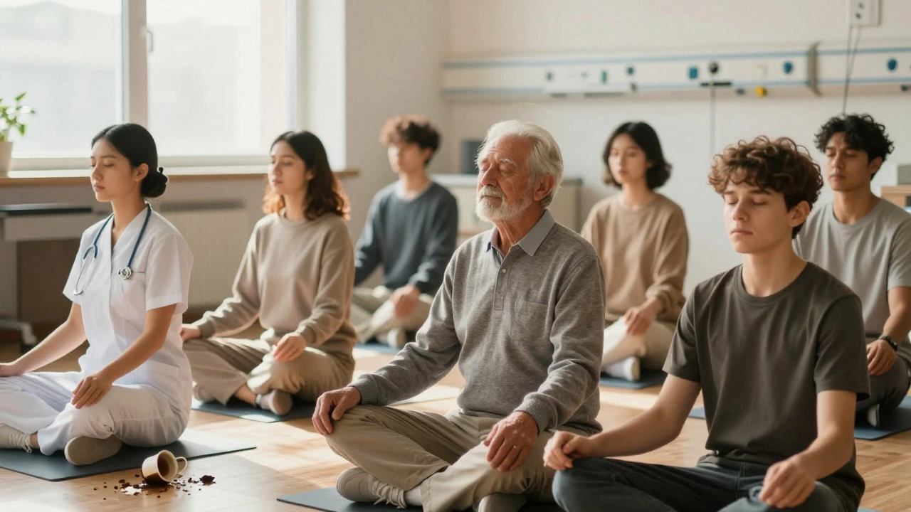 People practicing mindfulness in daily life moments with calm, focused expressions.
