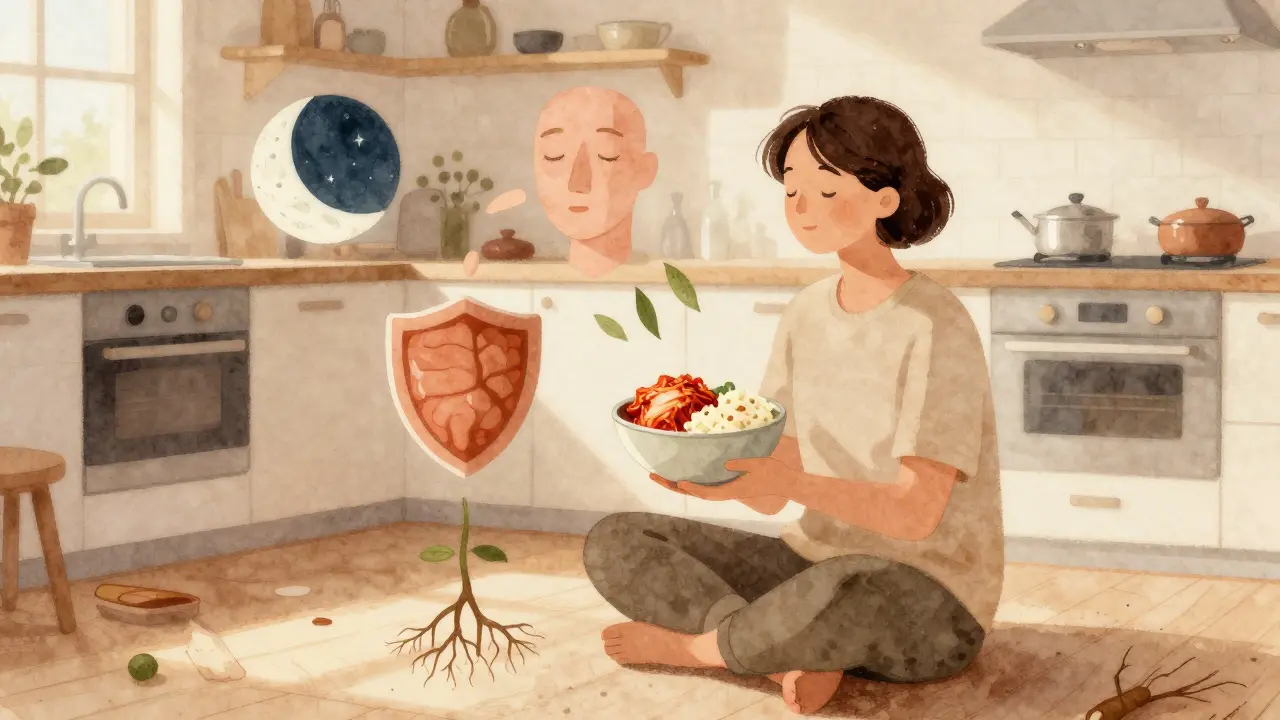 Person in a kitchen enjoying fermented foods with abstract symbols of improved sleep, mood, and immunity floating nearby.