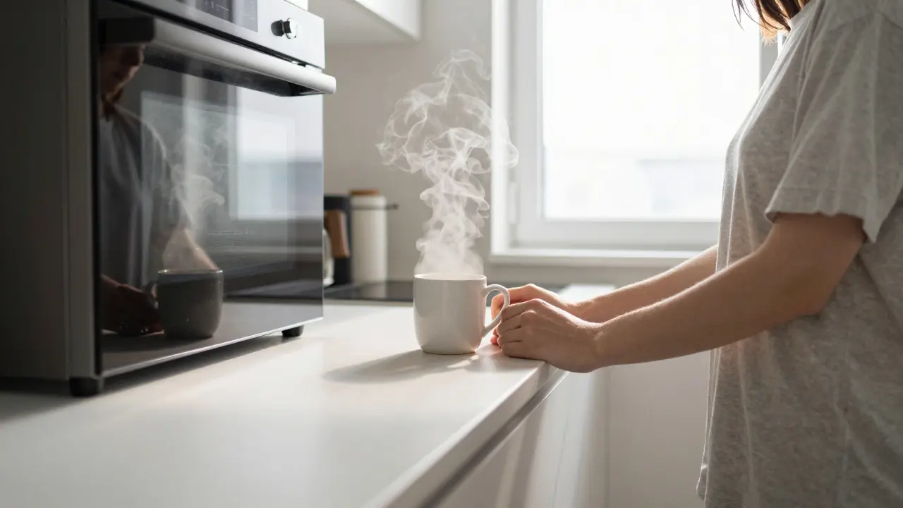Person standing quietly in kitchen at dawn, steam rising from coffee mug.