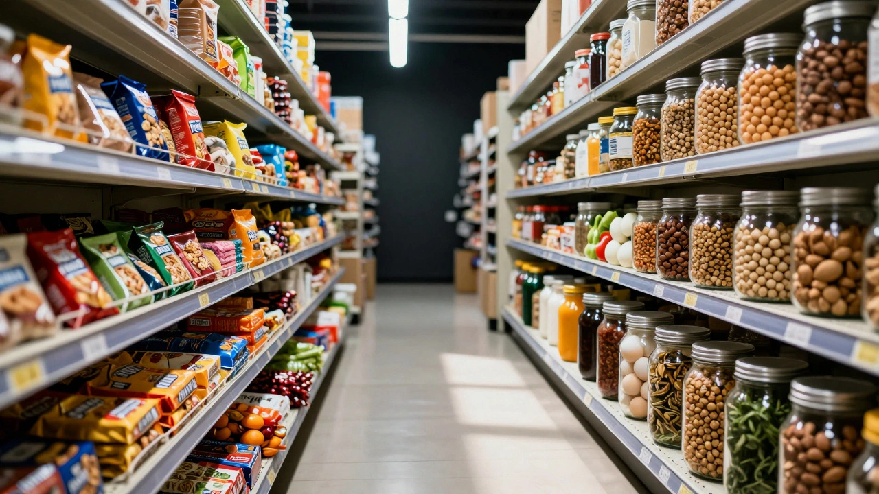 Split image: chaotic snack aisle vs. clean pantry with whole foods, connected by a path of light.
