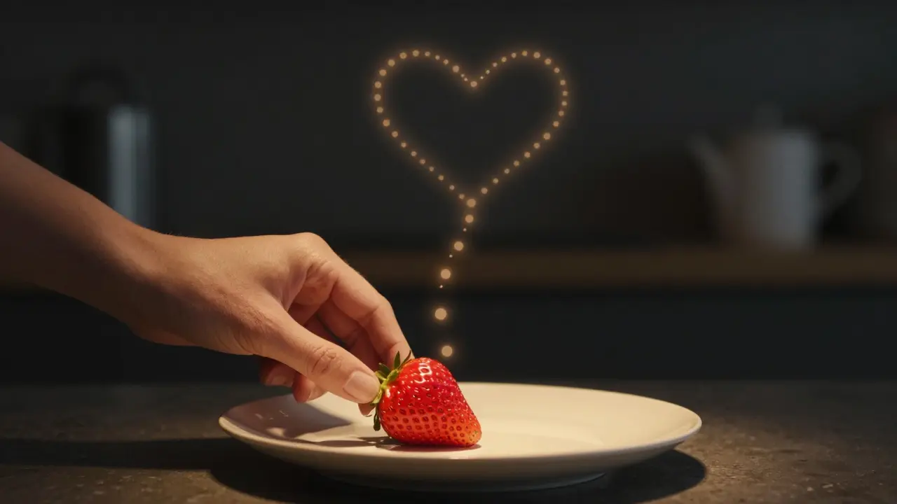 A single strawberry on a plate with glowing dots leading to the heart, symbolizing mindful connection.