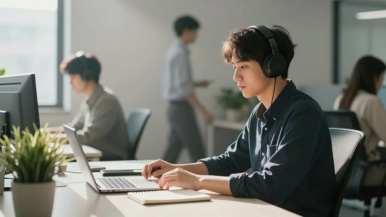 An office worker using noise-canceling headphones for silence, surrounded by calm minimalism.