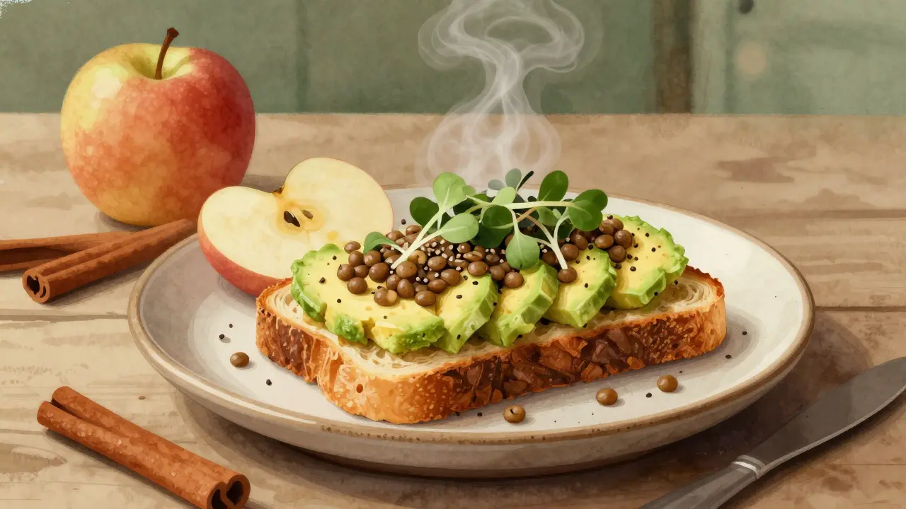 Avocado toast on rye bread with lentils and microgreens, served with apple slices.