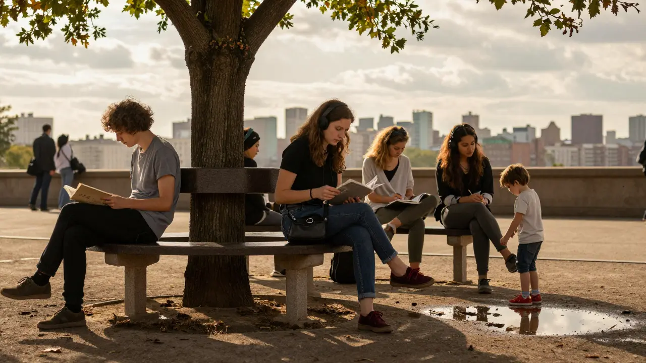 Diverse group enjoying a small city green space with trees, bench, and natural light.