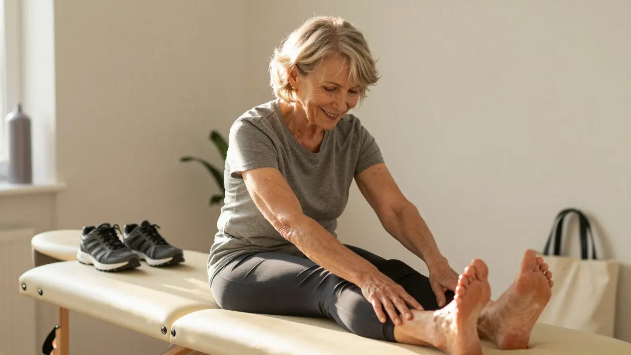 Older woman smiling after massage, stretching comfortably in a calm clinic setting.
