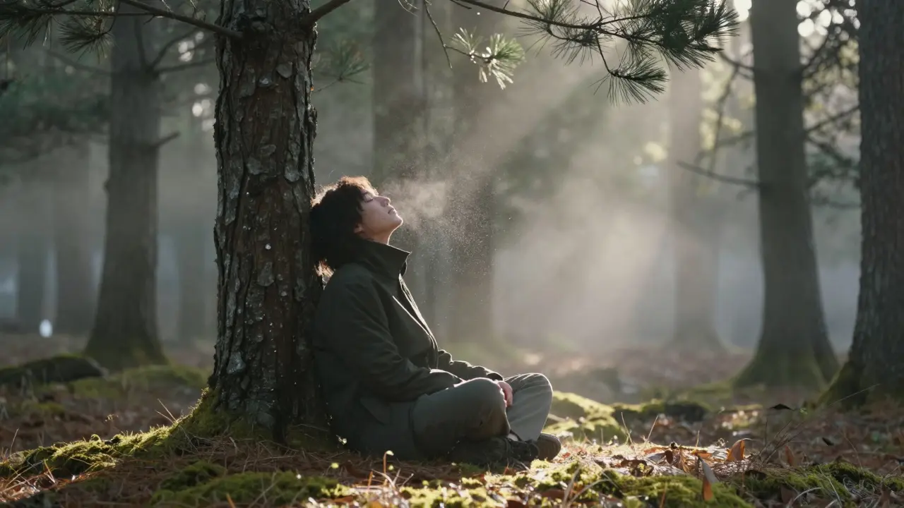 Person meditating under a pine tree in a forest, sunlight filtering through leaves.