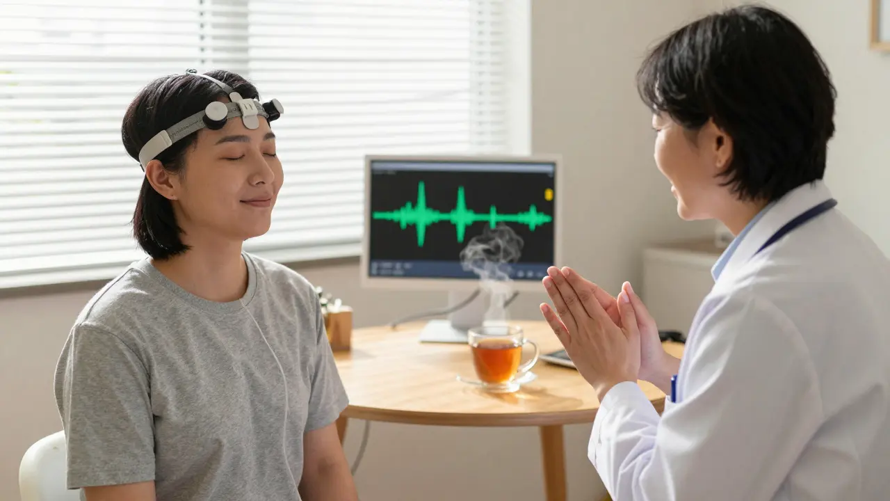 Person using neurofeedback in therapy, smiling as brainwave monitor shows calm patterns
