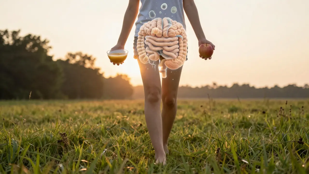 Person walking at sunrise holding miso soup and an apple, with microbial shapes rising from their body like a halo.