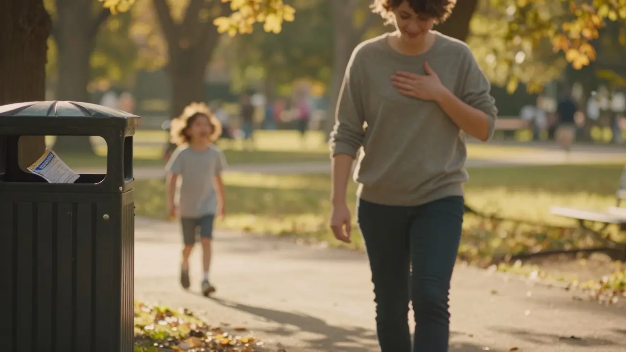 Person walking peacefully in park, no longer checking body, sunlight filtering through trees